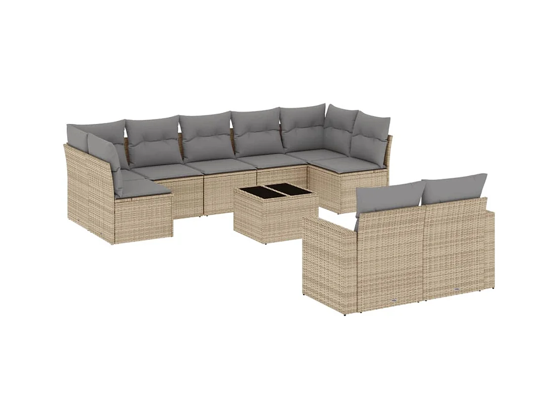 Salon de jardin avec coussins 10 pcs beige résine tressée