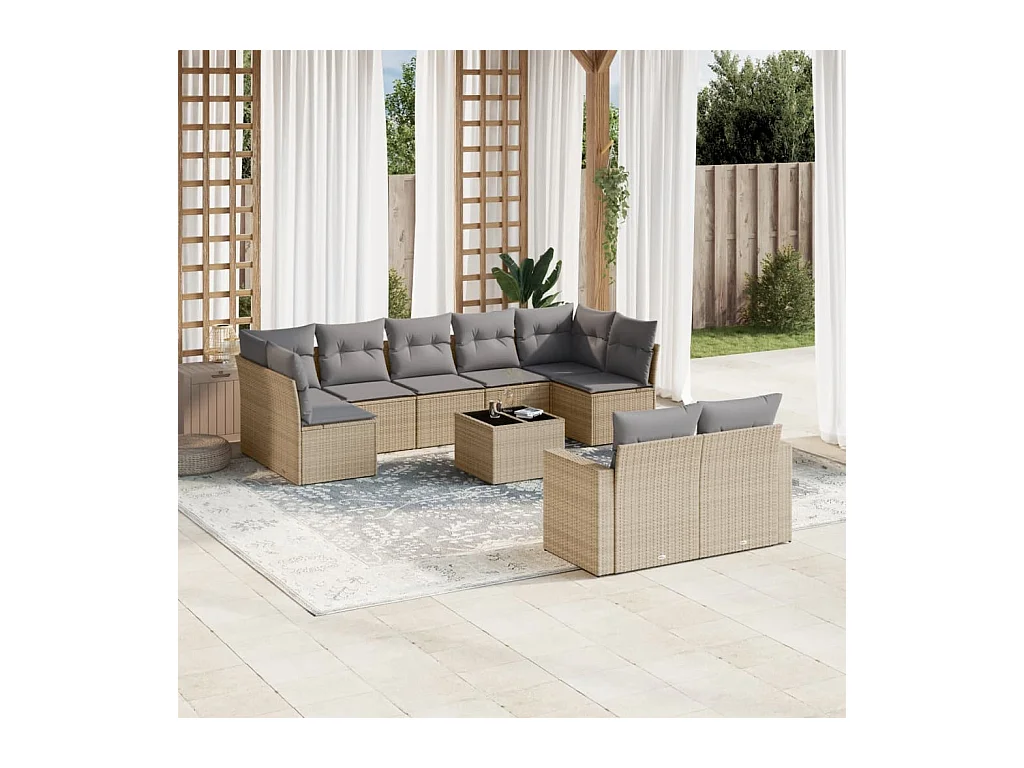 Salon de jardin avec coussins 10 pcs beige résine tressée