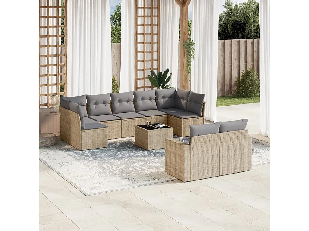 Salon de jardin avec coussins 10 pcs beige résine tressée