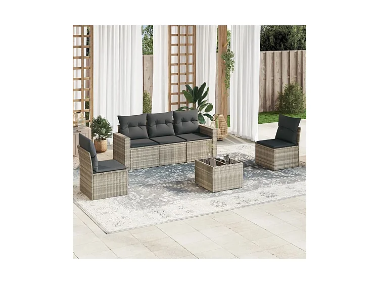 Salon de jardin 6 pcs avec coussins gris clair résine tressée