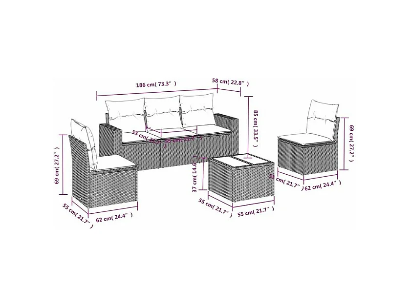 Salon de jardin 6 pcs avec coussins gris clair résine tressée