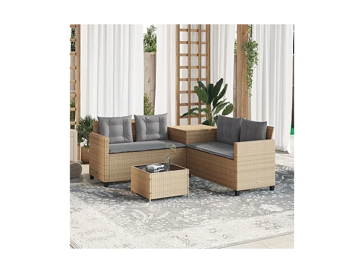 Canapé de jardin avec table et coussins en forme de L beige