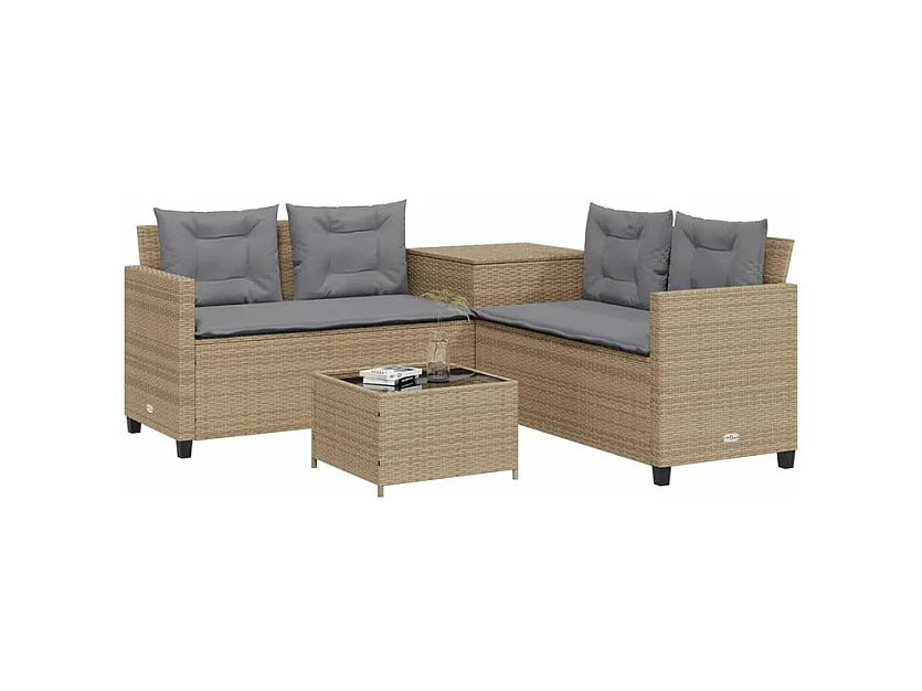 Canapé de jardin avec table et coussins en forme de L beige