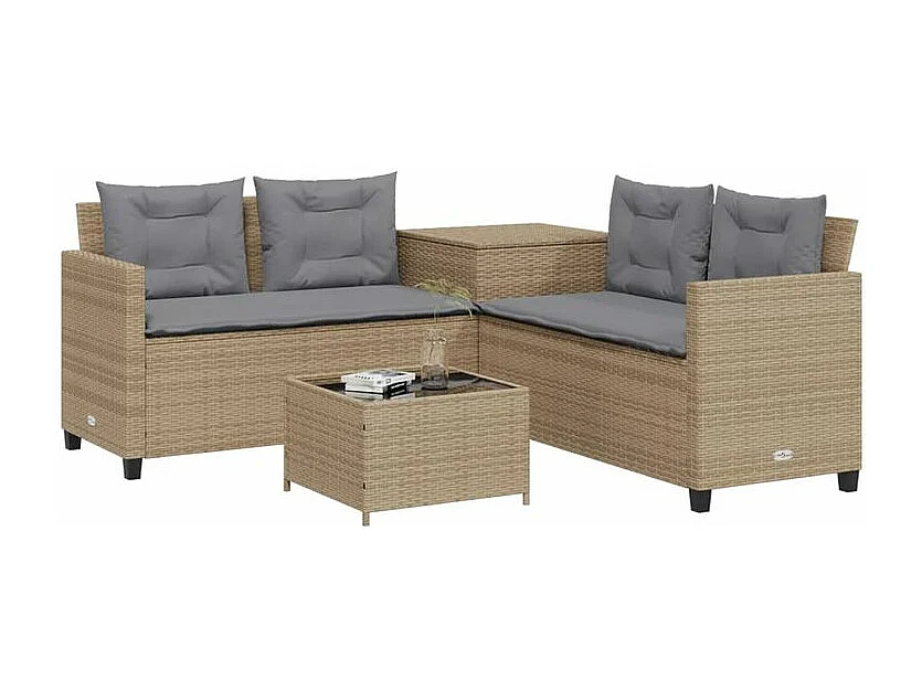 Canapé de jardin avec table et coussins en forme de L beige