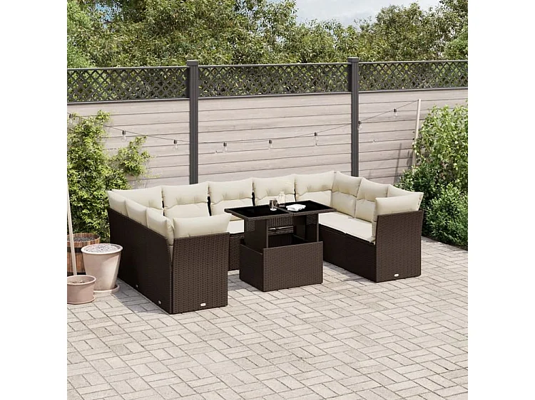 Salon de jardin 10 pcs avec coussins marron résine tressée