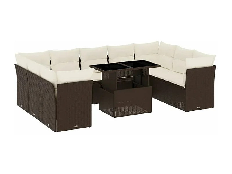 Salon de jardin 10 pcs avec coussins marron résine tressée