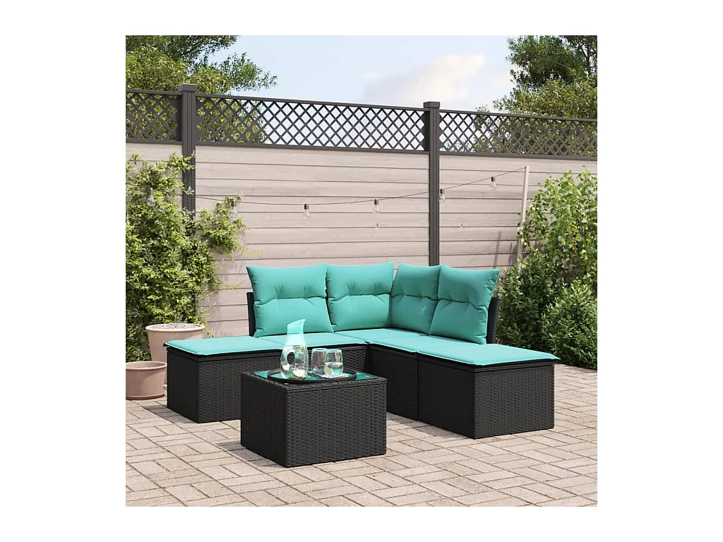 Salon de jardin 6 pcs avec coussins noir résine tressée