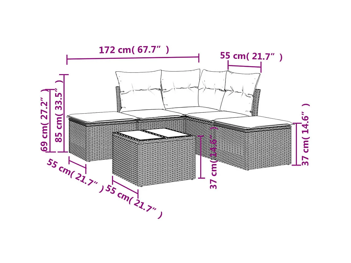 Salon de jardin 6 pcs avec coussins noir résine tressée