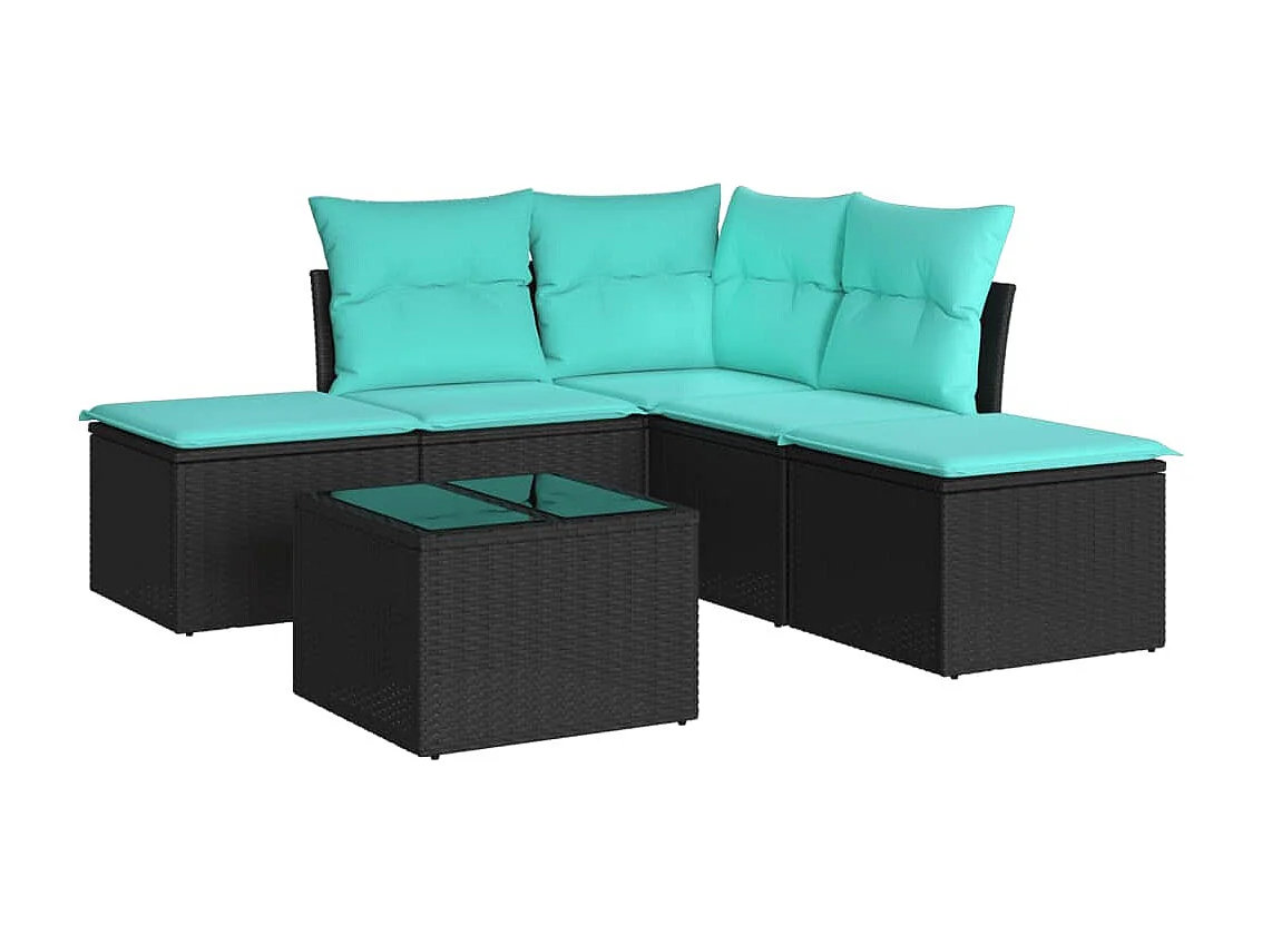 Salon de jardin 6 pcs avec coussins noir résine tressée