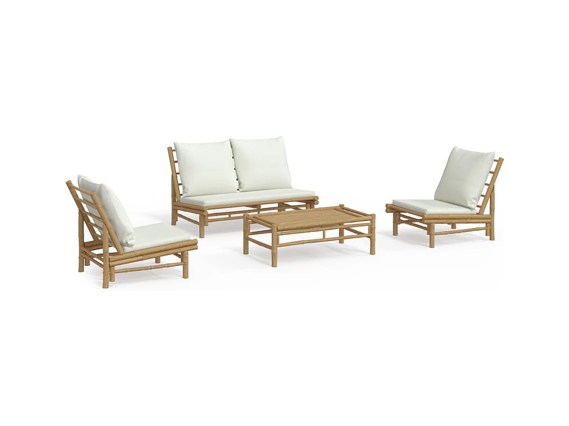Salon de jardin 4 pcs avec coussins blanc crème bambou