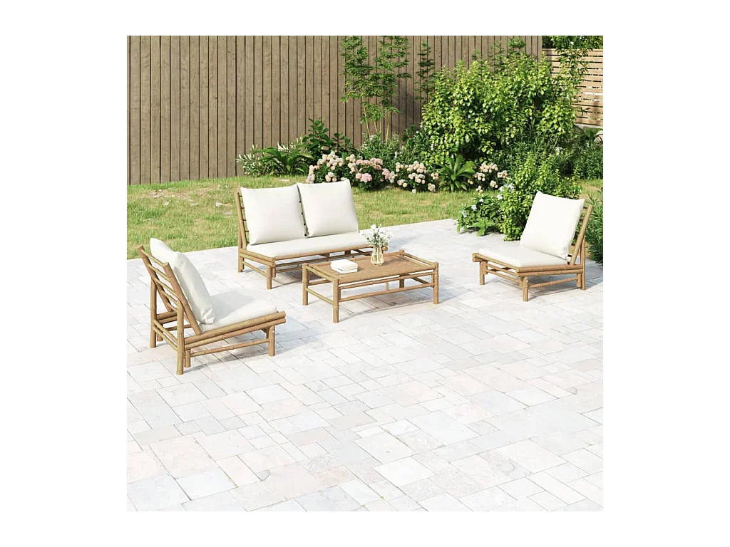 Salon de jardin 4 pcs avec coussins blanc crème bambou