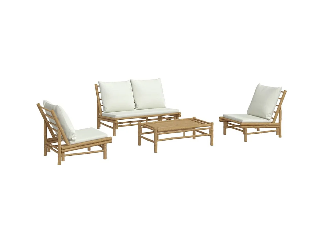 Salon de jardin 4 pcs avec coussins blanc crème bambou