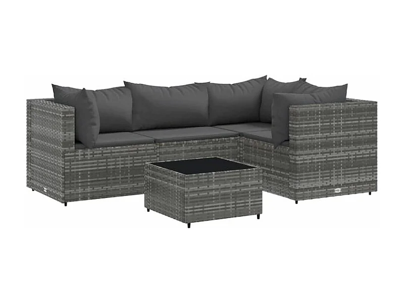 Salon de jardin 5 pcs avec coussins Gris Résine tressée