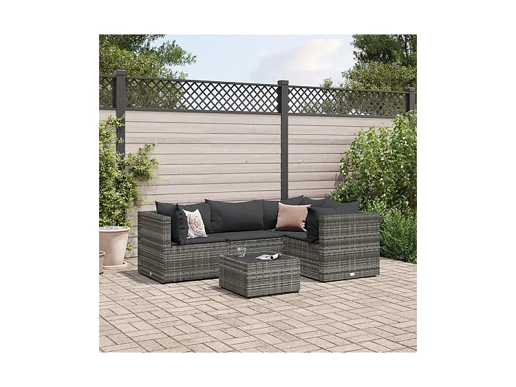 Salon de jardin 5 pcs avec coussins Gris Résine tressée