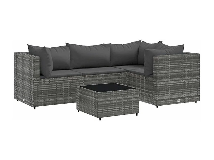 Salon de jardin 5 pcs avec coussins Gris Résine tressée