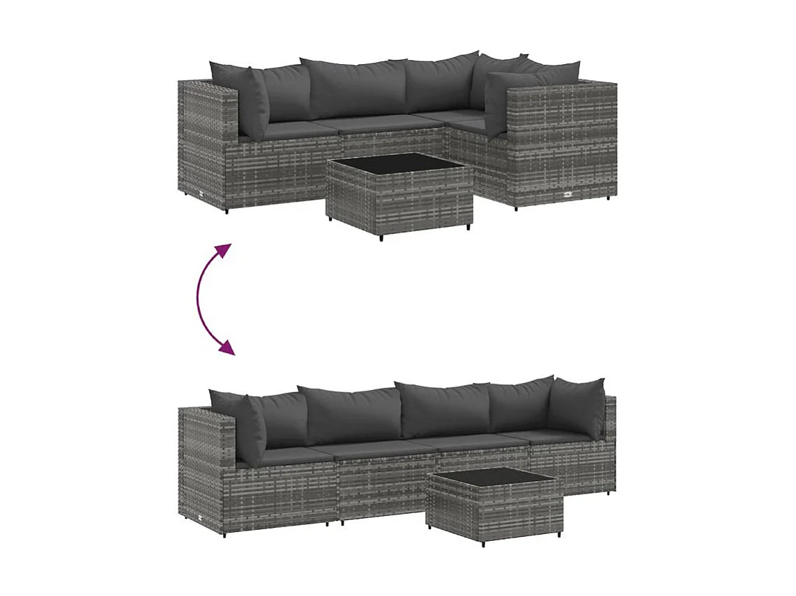 Salon de jardin 5 pcs avec coussins Gris Résine tressée