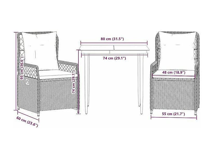 Ensemble à manger de jardin 3 pcs coussins gris résine tressée
