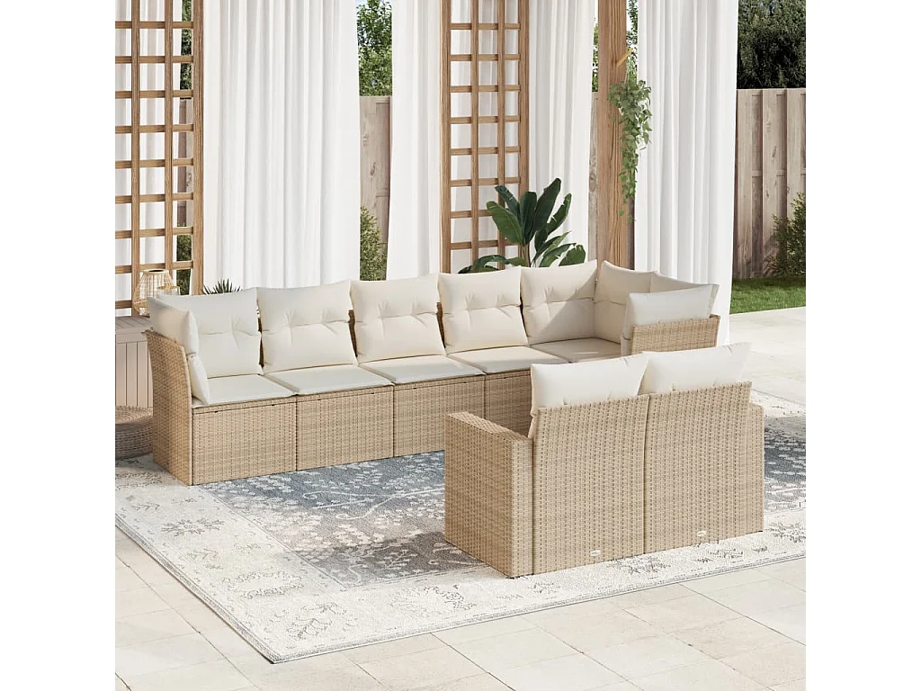 Salon de jardin avec coussins 8 pcs beige résine tressée