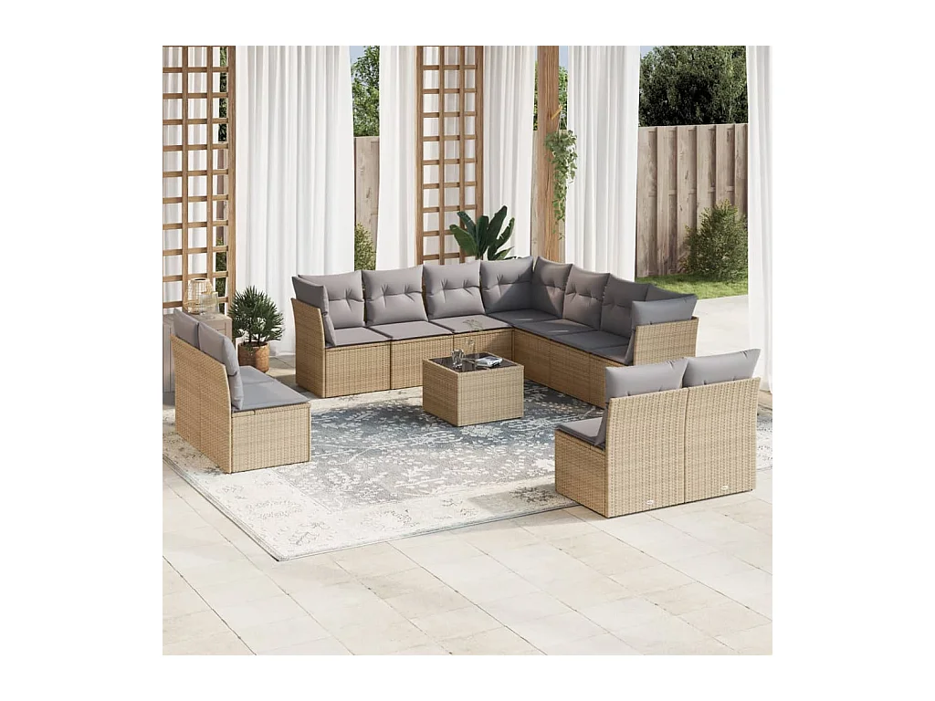 Salon de jardin avec coussins 12 pcs beige résine tressée