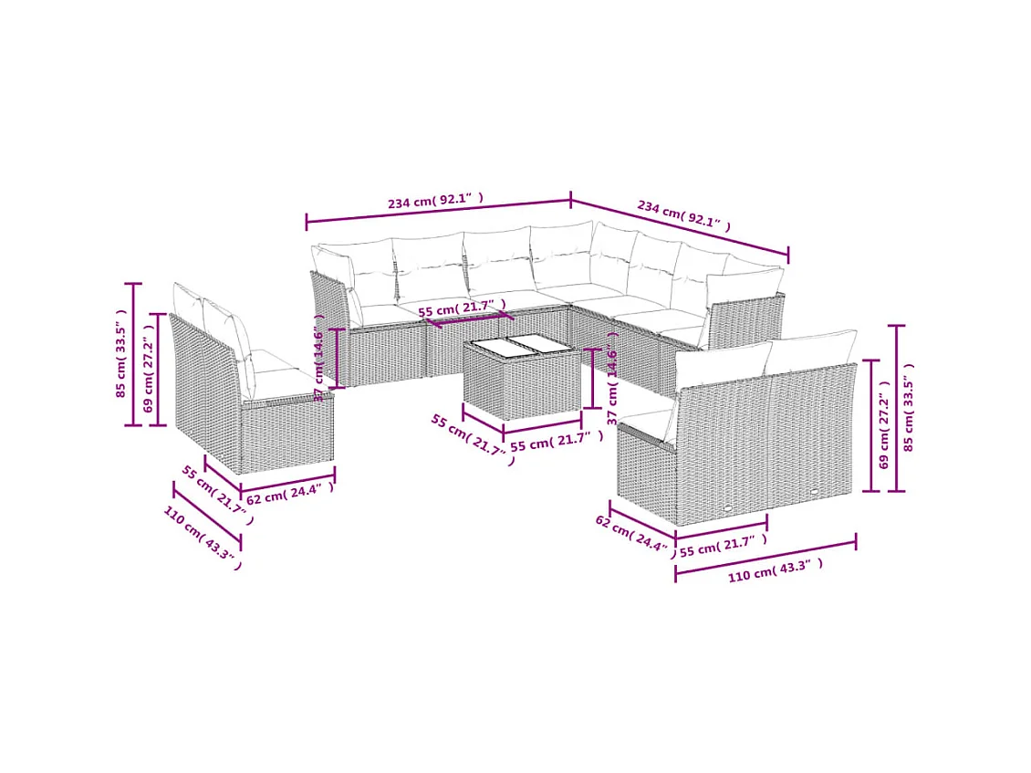 Salon de jardin avec coussins 12 pcs beige résine tressée