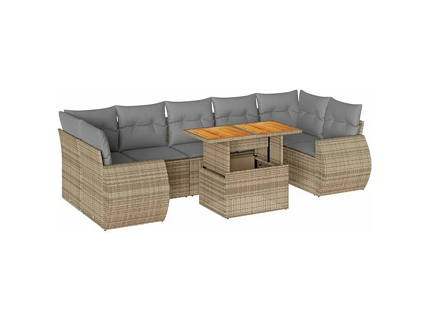 Salon de jardin avec coussins 8 pcs beige résine tressée
