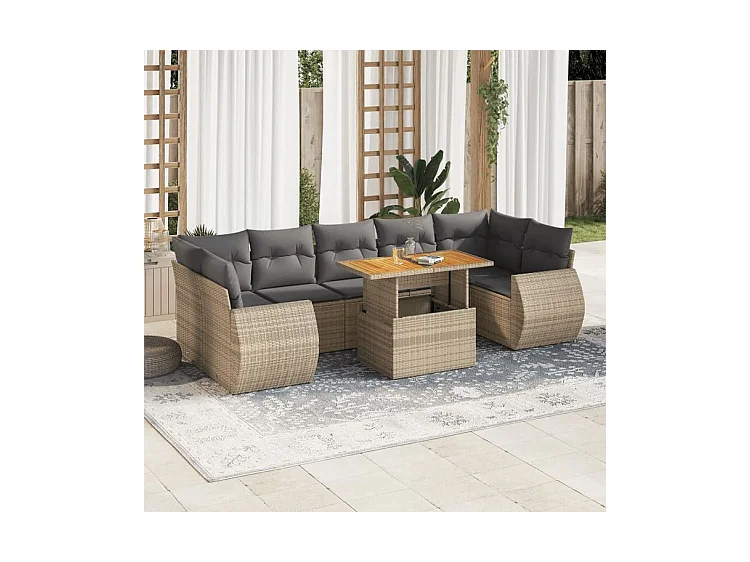 Salon de jardin avec coussins 8 pcs beige résine tressée