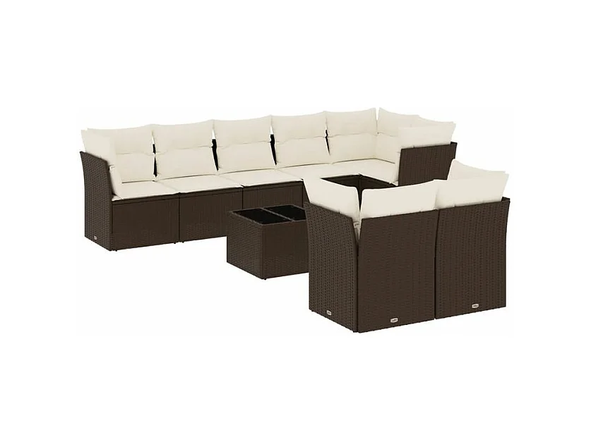 Salon de jardin avec coussins 9 pcs marron résine tressée