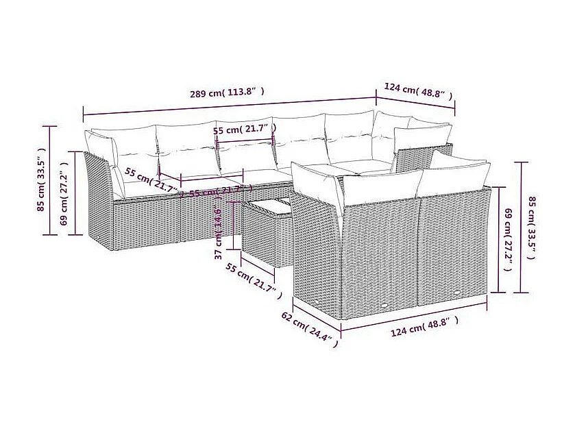 Salon de jardin avec coussins 9 pcs marron résine tressée