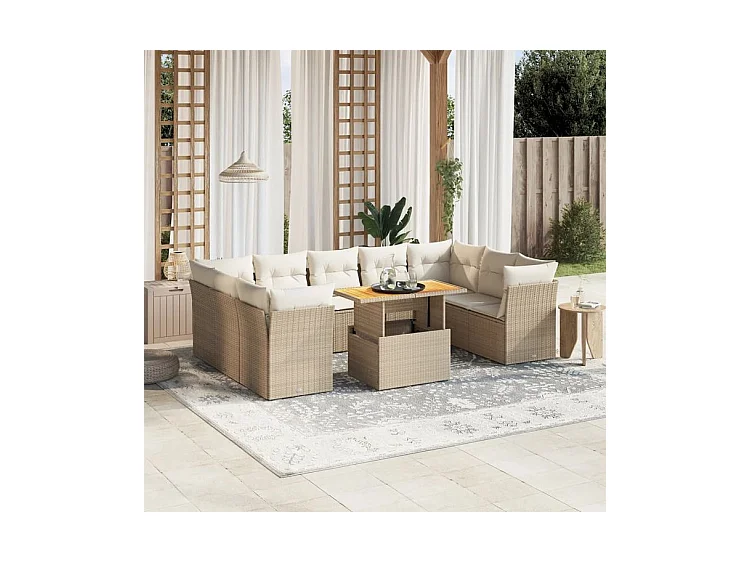 Salon de jardin avec coussins 10 pcs beige résine tressée