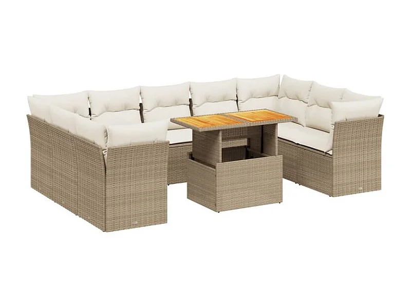Salon de jardin avec coussins 10 pcs beige résine tressée