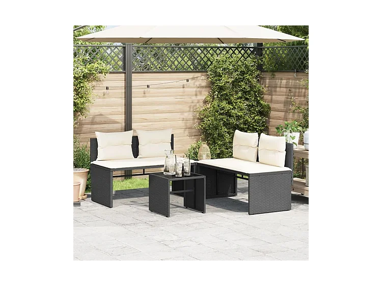 Salon de jardin 4 pcs avec coussins noir résine tressée