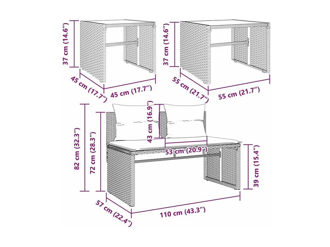 Salon de jardin 4 pcs avec coussins noir résine tressée
