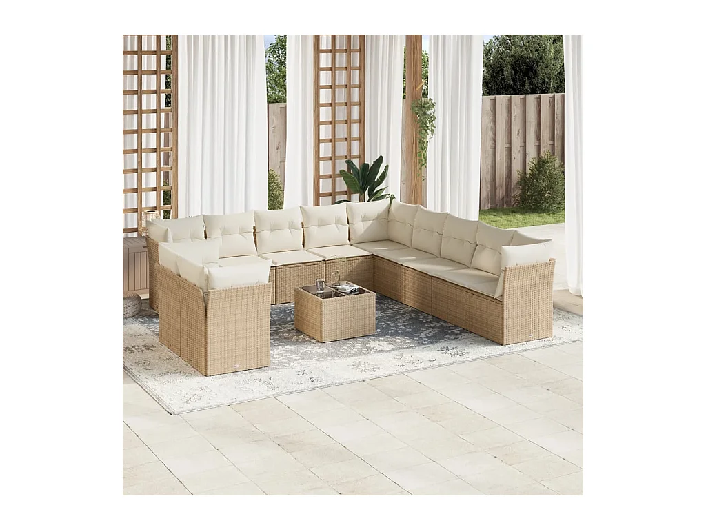 Salon de jardin avec coussins 12 pcs beige résine tressée