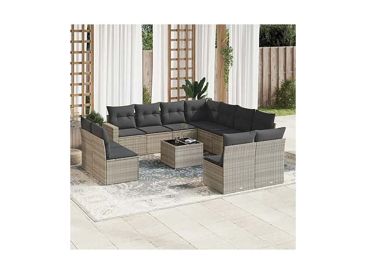 Salon de jardin avec coussins 12 pcs gris clair résine tressée