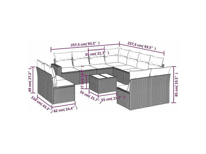 Salon de jardin avec coussins 12 pcs gris clair résine tressée