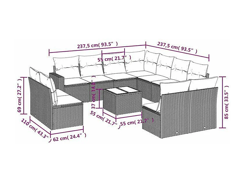 Salon de jardin avec coussins 12 pcs gris clair résine tressée