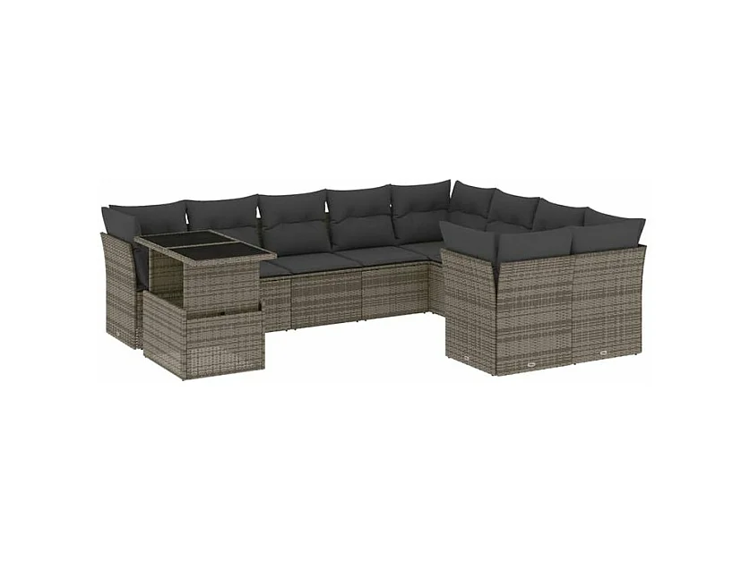 Salon de jardin avec coussins 10 pcs gris résine tressée