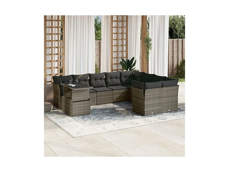 Salon de jardin avec coussins 10 pcs gris résine tressée
