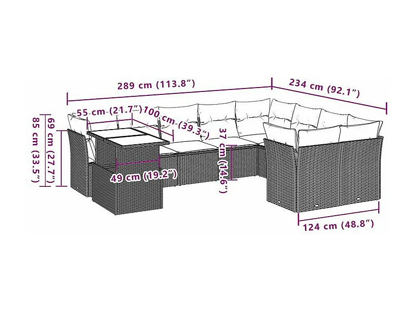 Salon de jardin avec coussins 10 pcs gris résine tressée