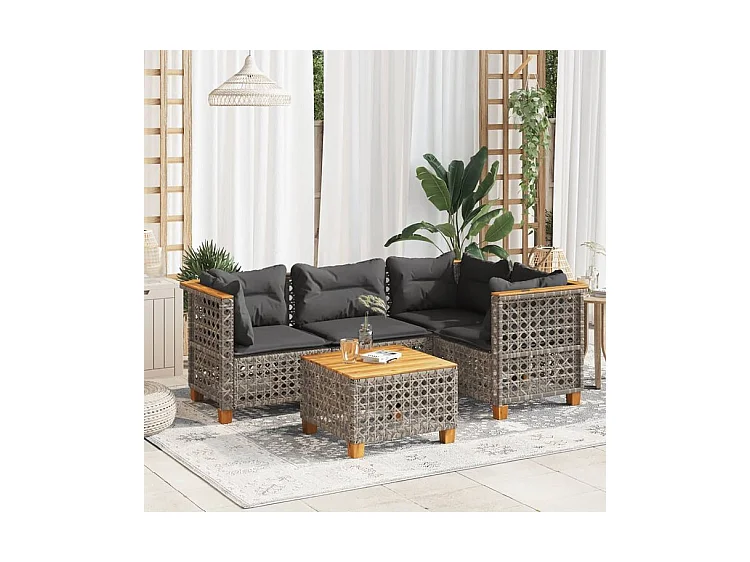 Salon de jardin 5 pcs avec coussins gris résine tressée