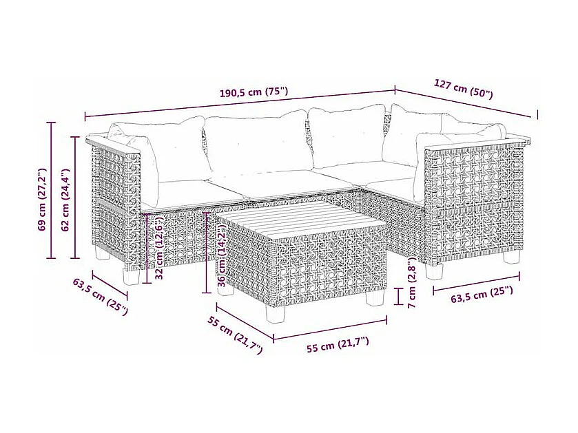 Salon de jardin 5 pcs avec coussins gris résine tressée