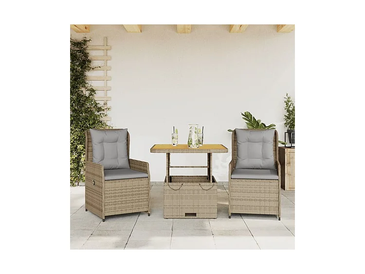 Ensemble de bistro 3 pcs avec coussins beige résine tressée
