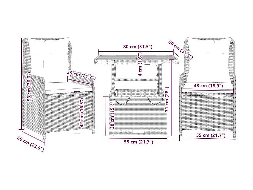 Ensemble de bistro 3 pcs avec coussins beige résine tressée