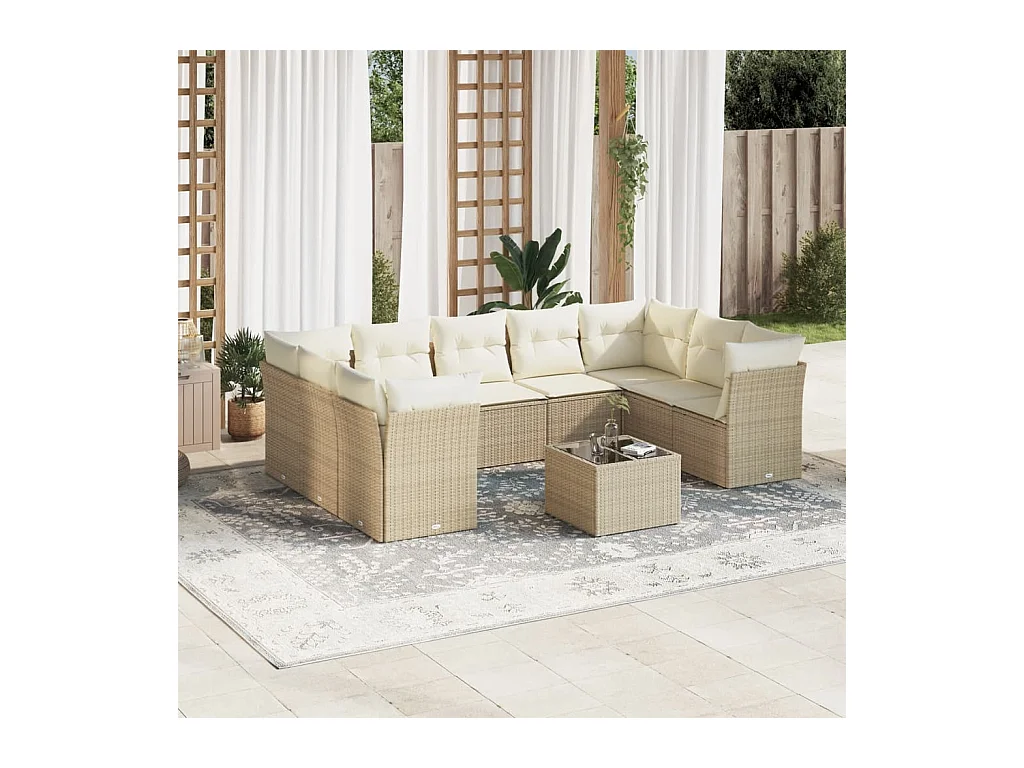 Salon de jardin avec coussins 10 pcs beige résine tressée