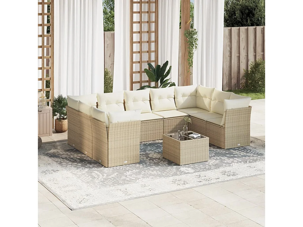 Salon de jardin avec coussins 10 pcs beige résine tressée