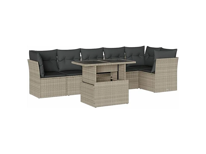 Salon de jardin avec coussins 7 pcs gris clair résine tressée