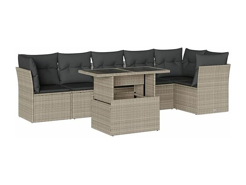 Salon de jardin avec coussins 7 pcs gris clair résine tressée