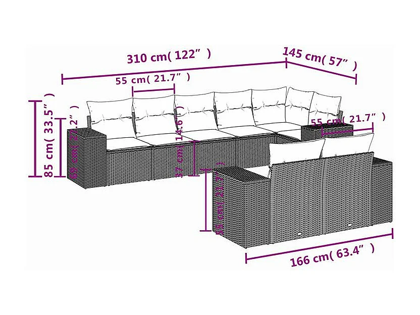 Salon de jardin 8 pcs avec coussins marron résine tressée