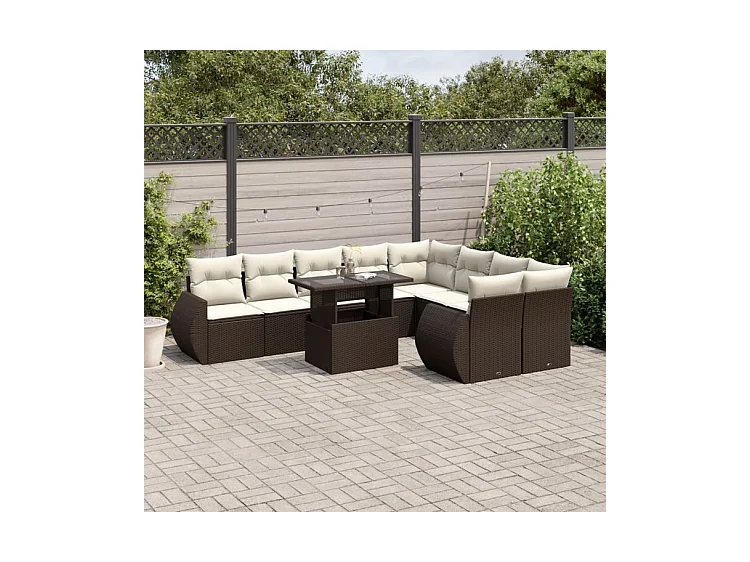 Salon de jardin 10 pcs avec coussins marron résine tressée