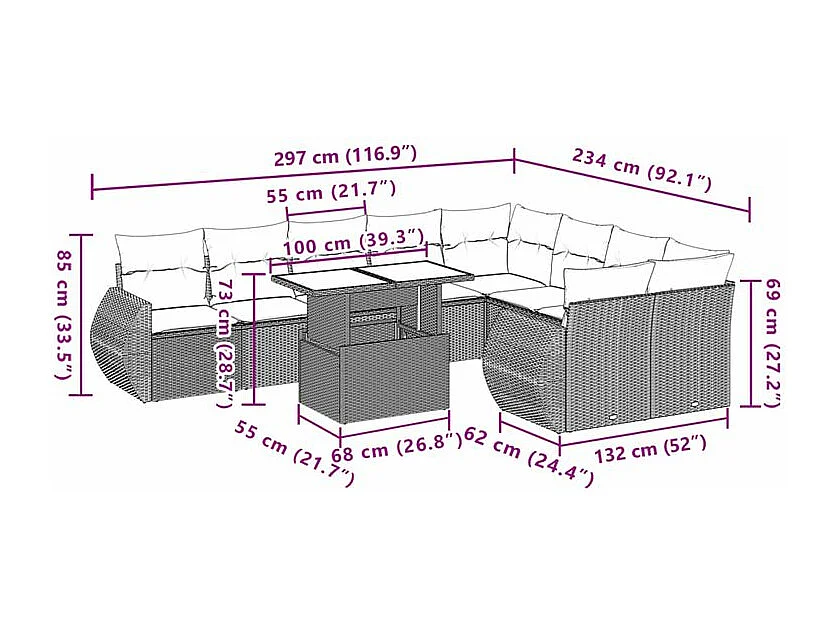 Salon de jardin 10 pcs avec coussins marron résine tressée